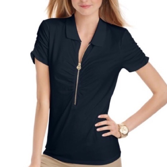 MICHAEL KORS NAVY POLO ZIP FRONT RUCHED TOP SIZE MEDIUM - Picture 1 of 6